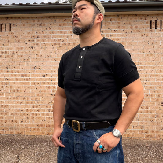 Classic Short Sleeves Henley Shirt - 300g Heavy Weighted Cotton Beige / Black