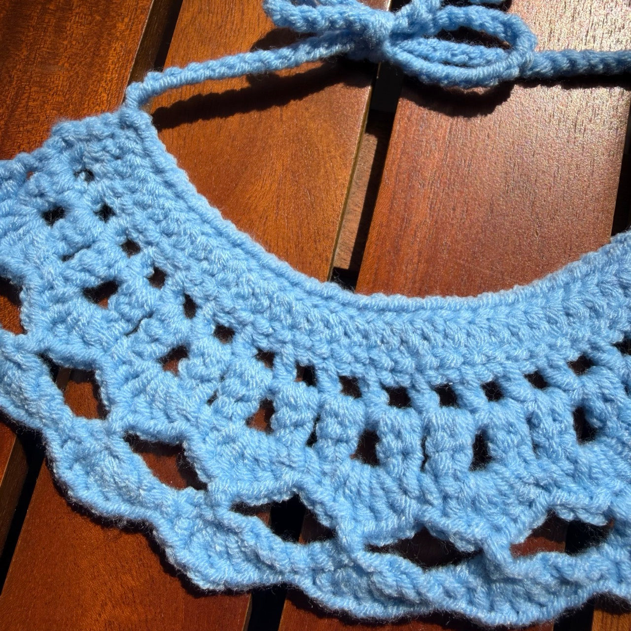 Periwinkle Bloom Lace Pet Collar — Handmade Crochet Cat Bandana with Flower Ties