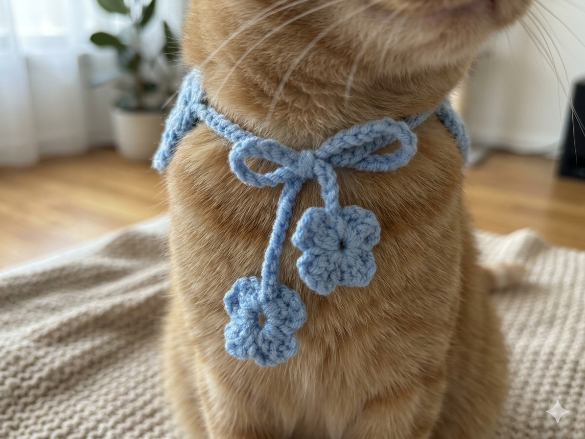 Periwinkle Bloom Lace Pet Collar — Handmade Crochet Cat Bandana with Flower Ties